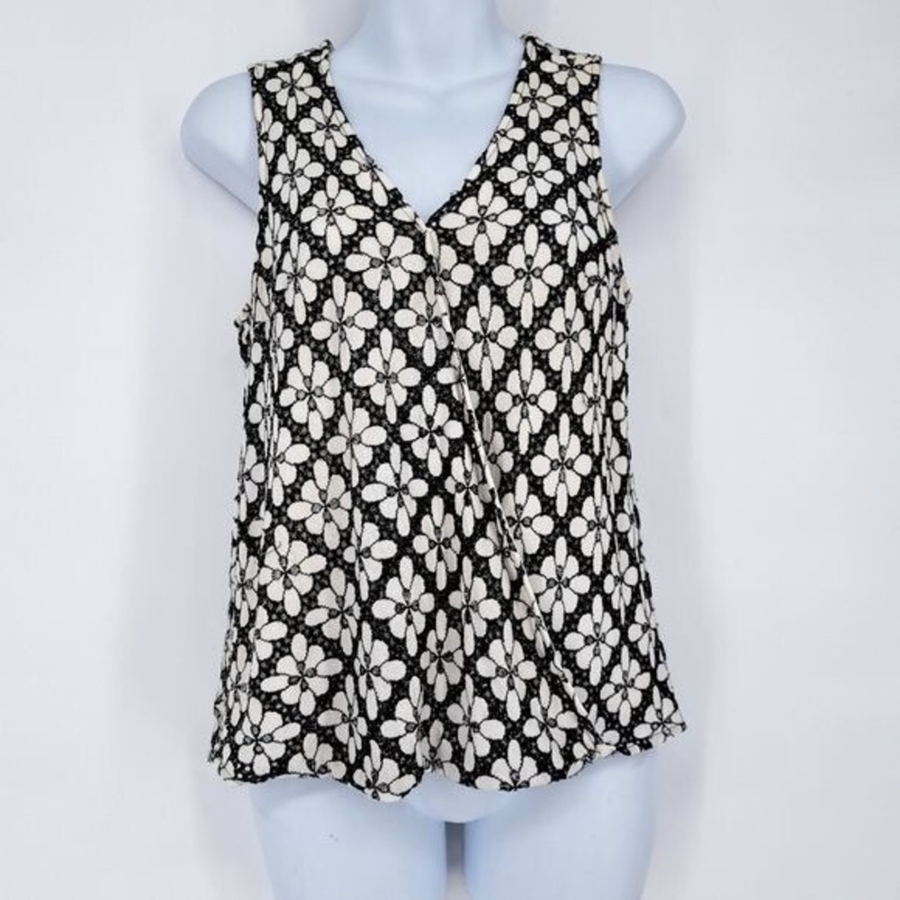 Anthropologie Maeve Black and White Floral Surplice Wrap Blouse Size 2